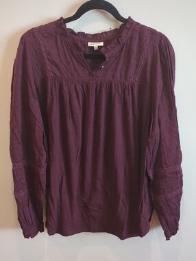 Cottage Prairie Romantic Boho Thought Burgundy Red Cotton Textured Blouse US 12